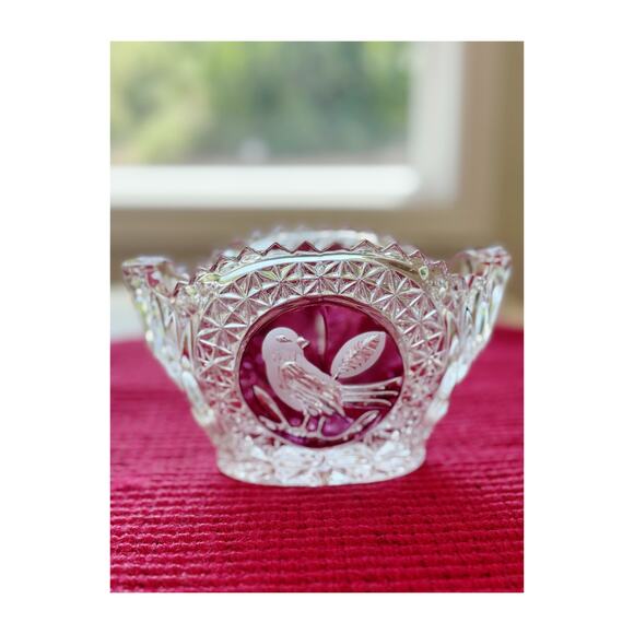 Hofbauer Byrdes Cut Glass Oval Crystal Bowl Red Bird Motif - Picture 1 of 10